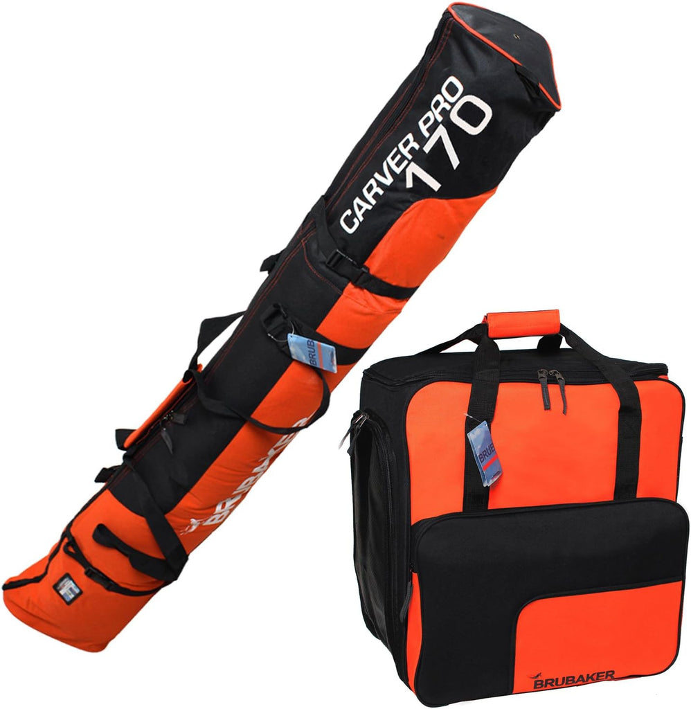 BRUBAKER Superfunction Combo, Ski Boot Bag and Ski Bag for 1 Pair of Ski, Poles, Boots and Helmet - Black Orange