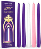 BRUBAKER 5 pcs Advent Candles Purple, Pink and White - 10 Inch Taper Candles for Christmas, Church and Celebrations - Unscented and Dripless - Made in Europe