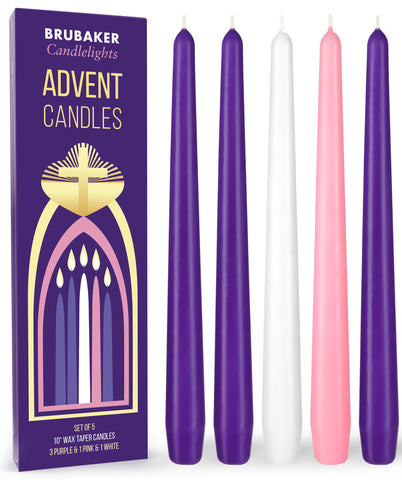 BRUBAKER 5 pcs Advent Candles Purple, Pink and White - 10 Inch Taper Candles for Christmas, Church and Celebrations - Unscented and Dripless - Made in Europe