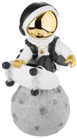 BRUBAKER Figurine Astronaut - Skateboarder on The Moon - 9.5 Inch Spaceman - Space Decor Figure with Skateboard, Chromed Helmet and Golden Chain - Hand Painted - Gold, White and Black