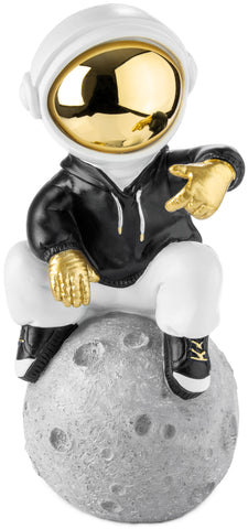 BRUBAKER Figurine Astronaut Sits on The Moon in a Cool Pose - 9.5 Inch Spaceman Space Decor Figure with Chromed Helmet and Black Hoodie - Hand Painted - Gold, Black and White