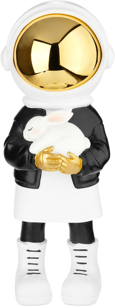 BRUBAKER Figurine Astronaut with White Bunny - 13 Inch Spaceman Space Decor Figure with Black Jacket and Chrome Plated Helmet - Hand Painted Astronaut - Gold, Black and White