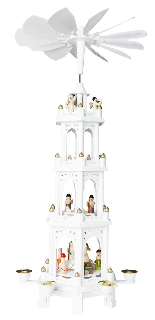 BRUBAKER White Christmas Pyramid 24" Nativity Play, 4 Tier Carousel