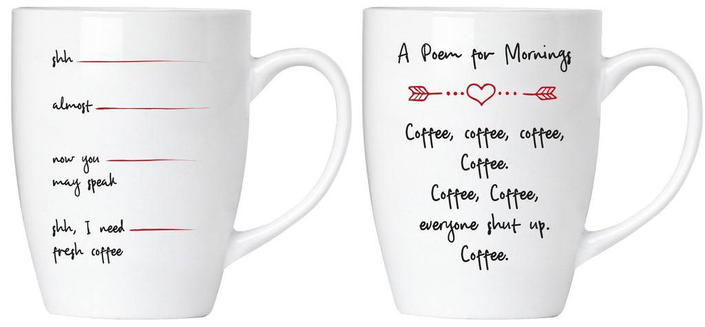 BRUBAKER Set of 2 Ceramic Mugs - "Morning Poem - Shut Up!" - Greeting Card included