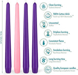 BRUBAKER 4 pcs Advent Candles Purple and Pink - 10 Inch Taper Candles for Christmas, Church and Celebrations - Unscented and Dripless - Made in Europe