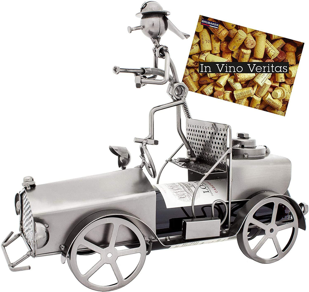 BRUBAKER Wine Bottle Holder - Firefighter on Fire Engine - Table Top Metal Sculpture - with Greeting Card