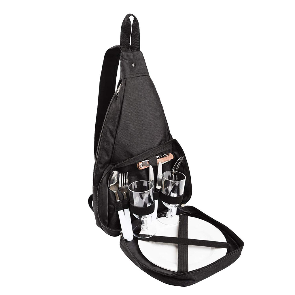 BRUBAKER Deluxe Two Person Picnic Backpack Black Plates Cutlery Set