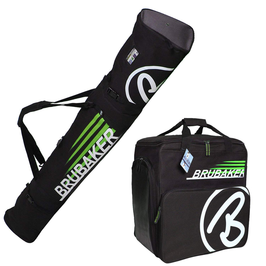 BRUBAKER "Champion" - Ski Boot Bag and Ski Bag for 1 Pair of Ski, Poles, Boots and Helmet - Black Green