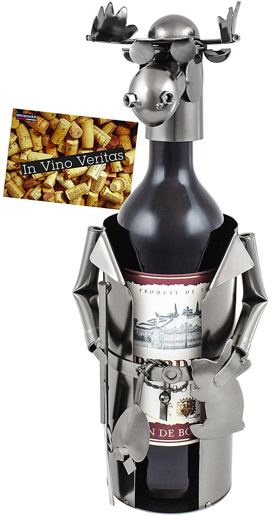BRUBAKER Wine Bottle Holder "Moose as Hunter" - Metal Sculpture - Wine Rack Decor - Tabletop - With Greeting Card