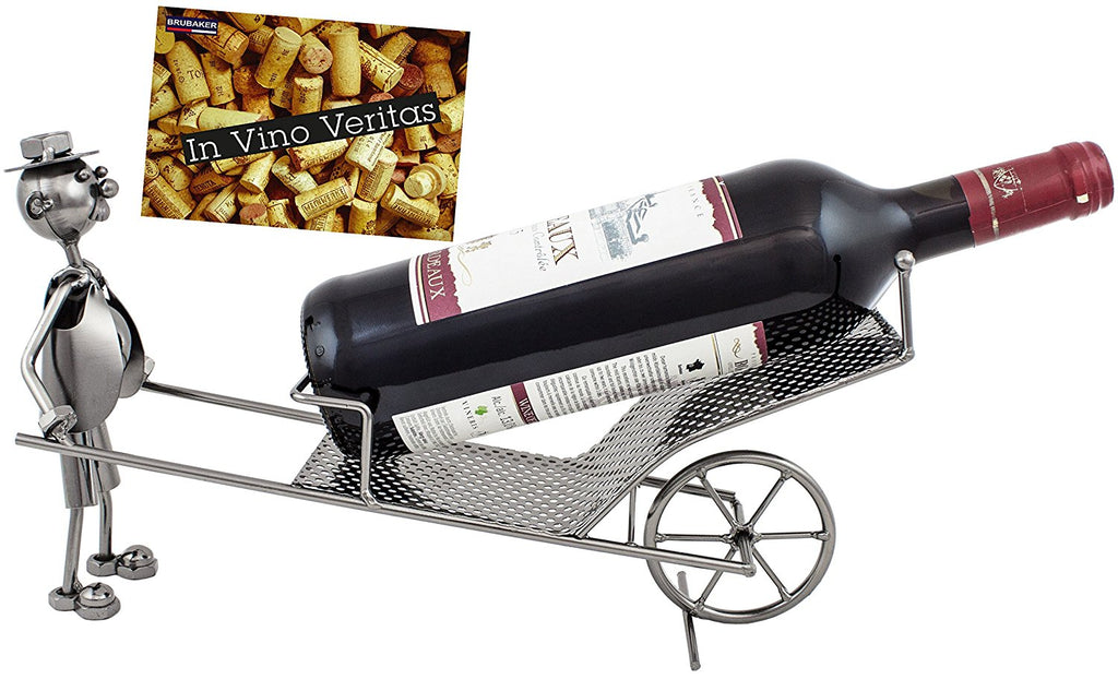 BRUBAKER Wine Bottle Holder "Gardener with Wheelbarrow" - Metal Sculpture - Wine Rack Decor - Tabletop - With Greeting Card