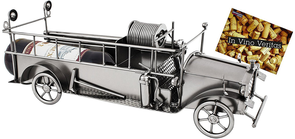 BRUBAKER Wine Bottle Holder "Fire Truck" - Metal Sculpture - Wine Rack Decor - Tabletop - With Greeting Card