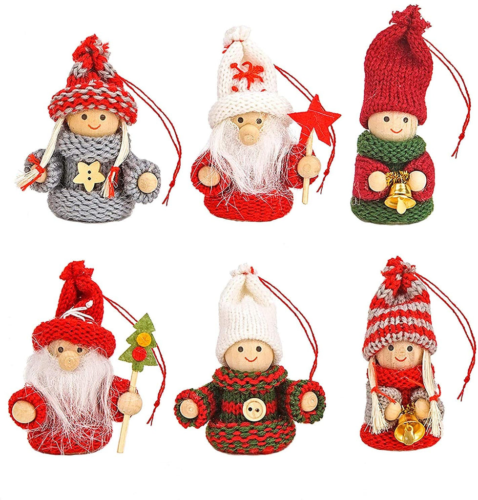 BRUBAKER 6-Piece Set Knitted Christmas Tree Hanging Dolls - Wood & Knit - Decoration - Ornaments