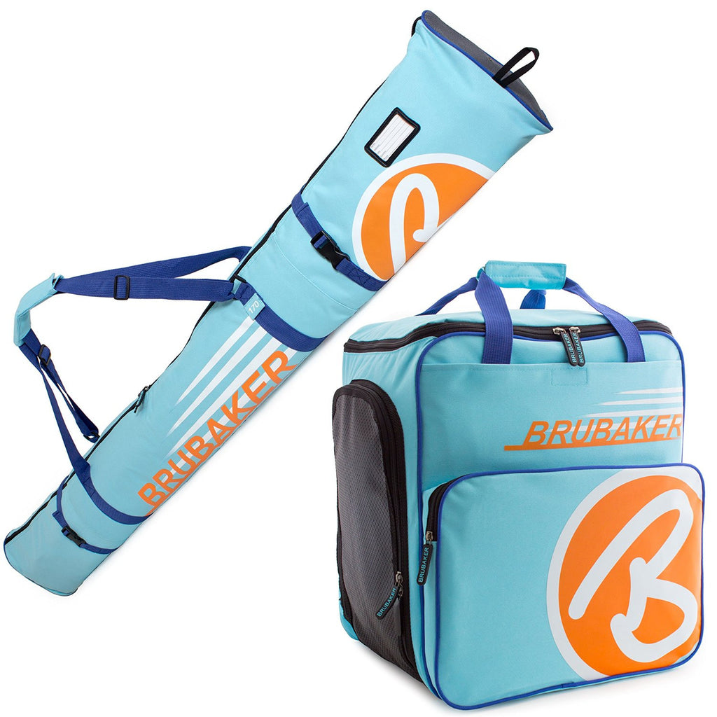 BRUBAKER Ski Bag Combo for Ski, Poles, Boots and Helmet - Limited Edition - Light Blue / Orange