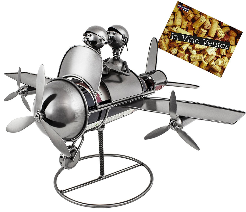 BRUBAKER Wine Bottle Holder "Couple on an Airplane" - Metal Sculpture - Wine Rack Decor - Tabletop - With Greeting Card