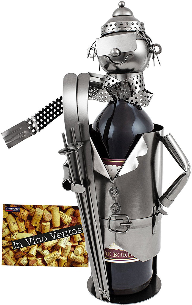 BRUBAKER Wine Bottle Holder "Skier" - Metal Sculpture - Wine Rack Decor - Tabletop - With Greeting Card