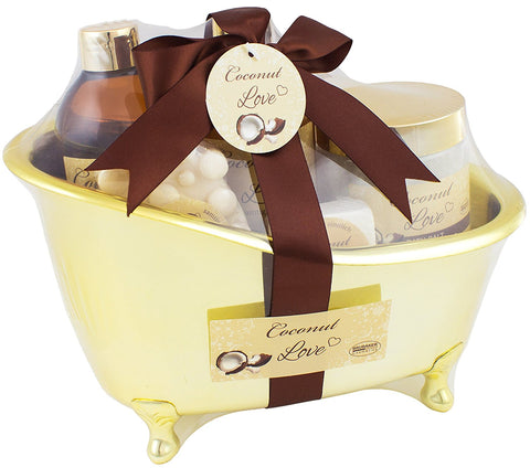 BRUBAKER Beauty Gift Set 'Coconut Love' with Golden Bathtub, Bath Fizzer, Bubble Bath, Shower Gel, Bath Salt, Soap