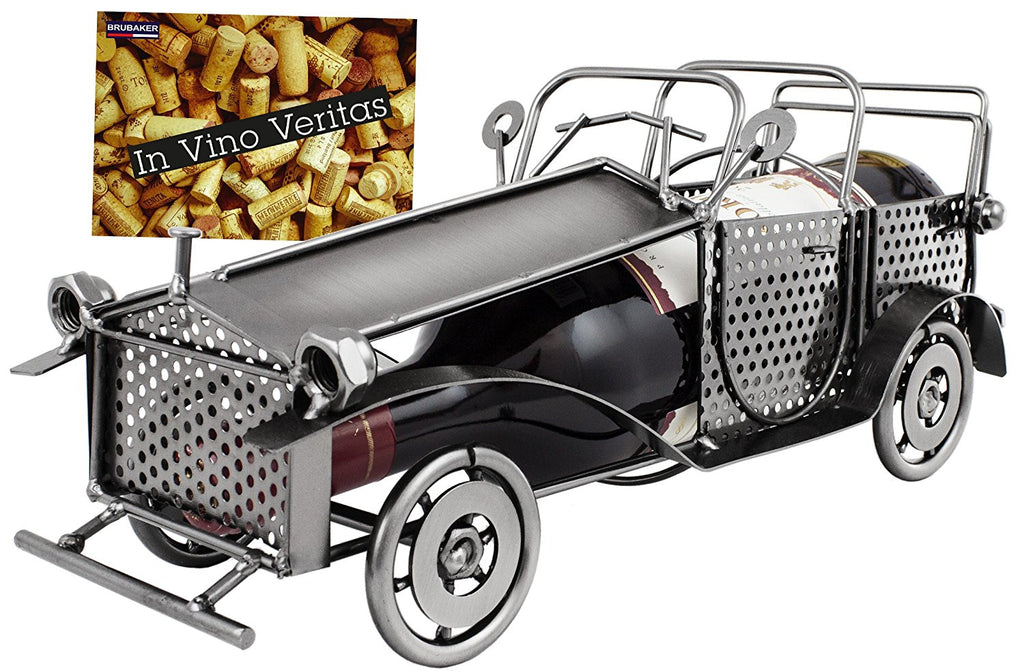 BRUBAKER Wine Bottle Holder "Classic Car" - Metal Sculpture - Wine Rack Decor - Tabletop - With Greeting Card