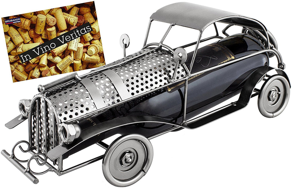 BRUBAKER Wine Bottle Holder "Classic Car" - Metal Sculpture - Wine Rack Decor - Tabletop - With Greeting Card