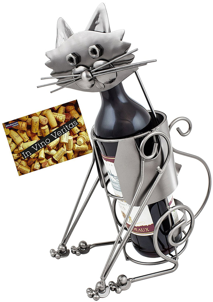 BRUBAKER Wine Bottle Holder "Cat" - Metal Sculpture - Wine Rack Decor - Tabletop - With Greeting Card