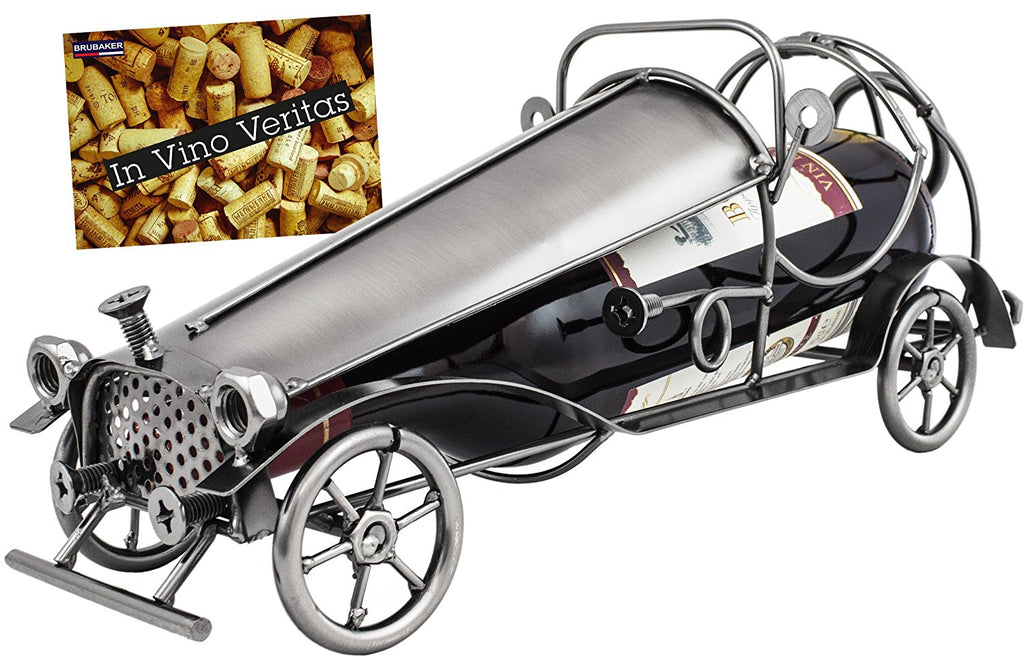 BRUBAKER Wine Bottle Holder "Classic Car" - Metal Sculpture - Wine Rack Decor - Tabletop - With Greeting Card