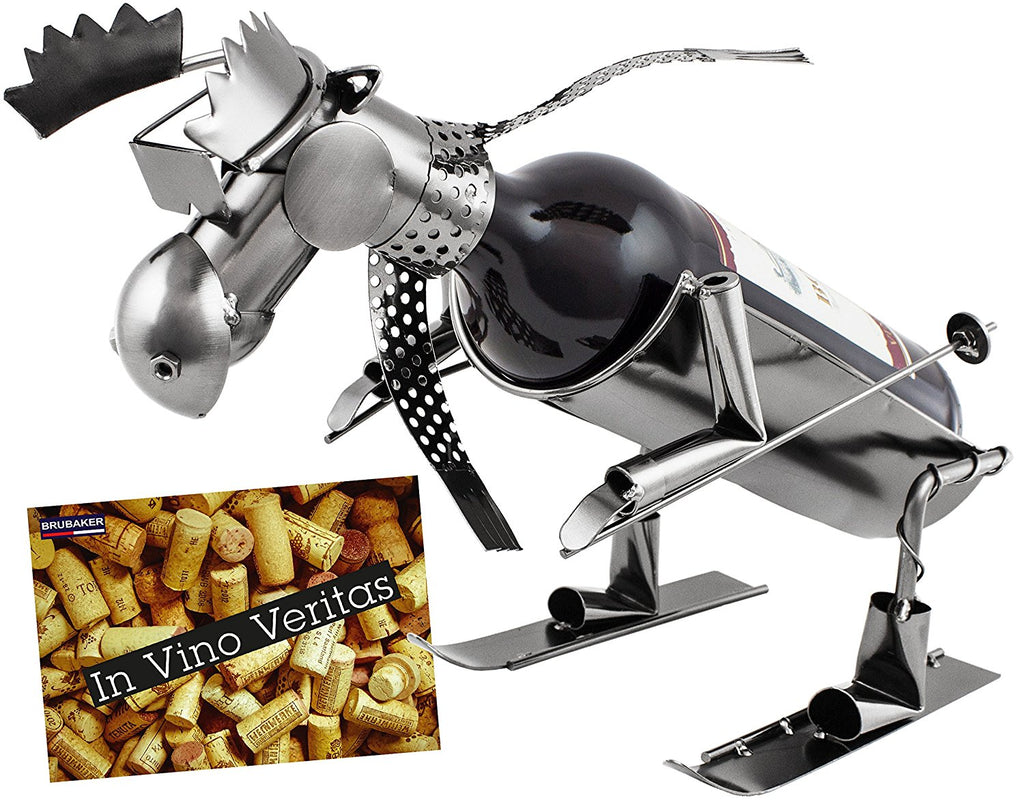 BRUBAKER Wine Bottle Holder "Skiing Moose" - Metal Sculpture - Wine Rack Decor - Tabletop - With Greeting Card