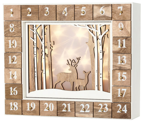 BRUBAKER Advent Calendar - Wooden Forest - White Nature Scene with LED Lighting - 14 x 2.4 x 10.6 inches