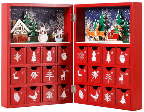 BRUBAKER Advent Calendar Wooden Christmas Book with 24 drawers - Red - 8.3 x 3.5 x 11.8 inches