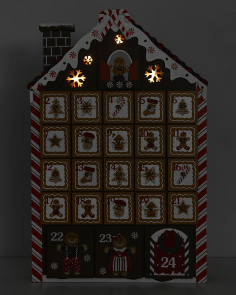 BRUBAKER Advent Calendar - Wooden Gingerbread with 4 LED Lights - 10.3