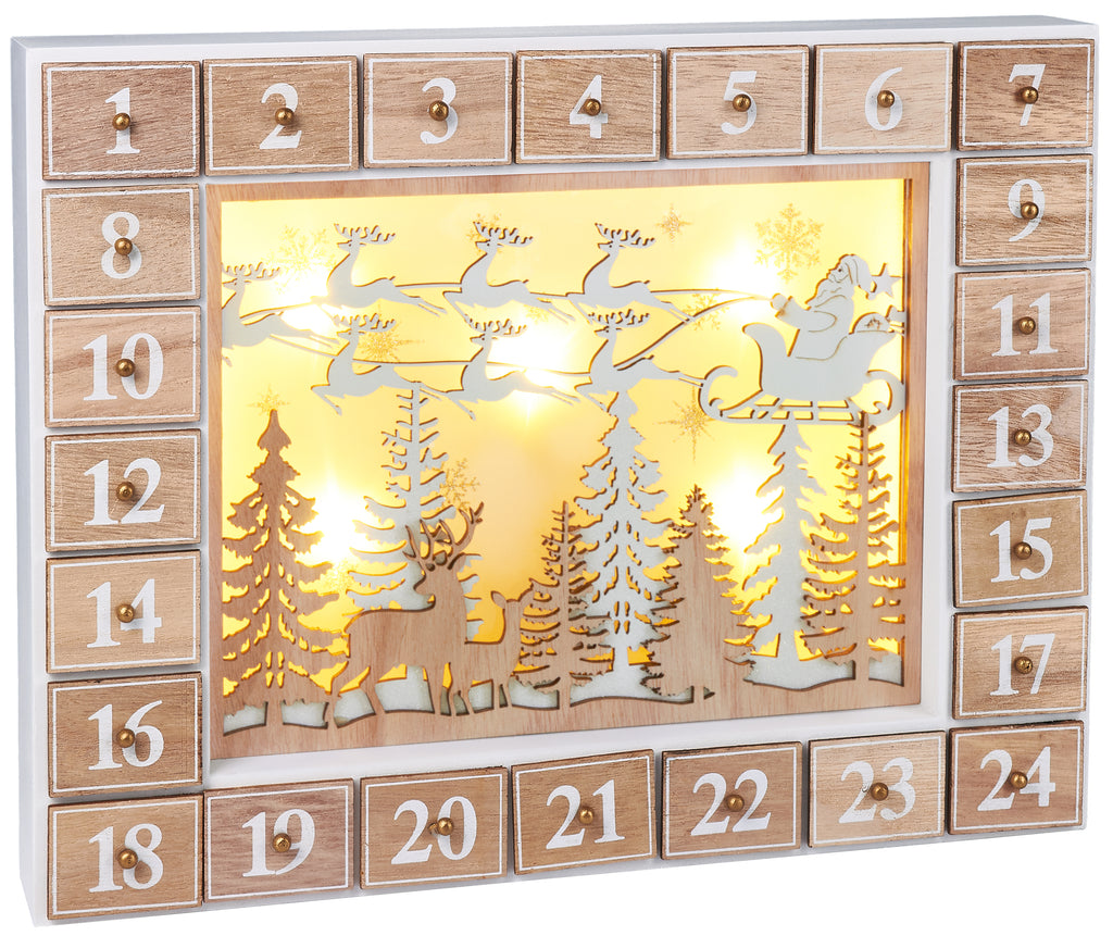 BRUBAKER Advent Calendar - Wooden Forest - White Nature Scene with LED Lighting - 14 x 2.3 x 10.6 inches