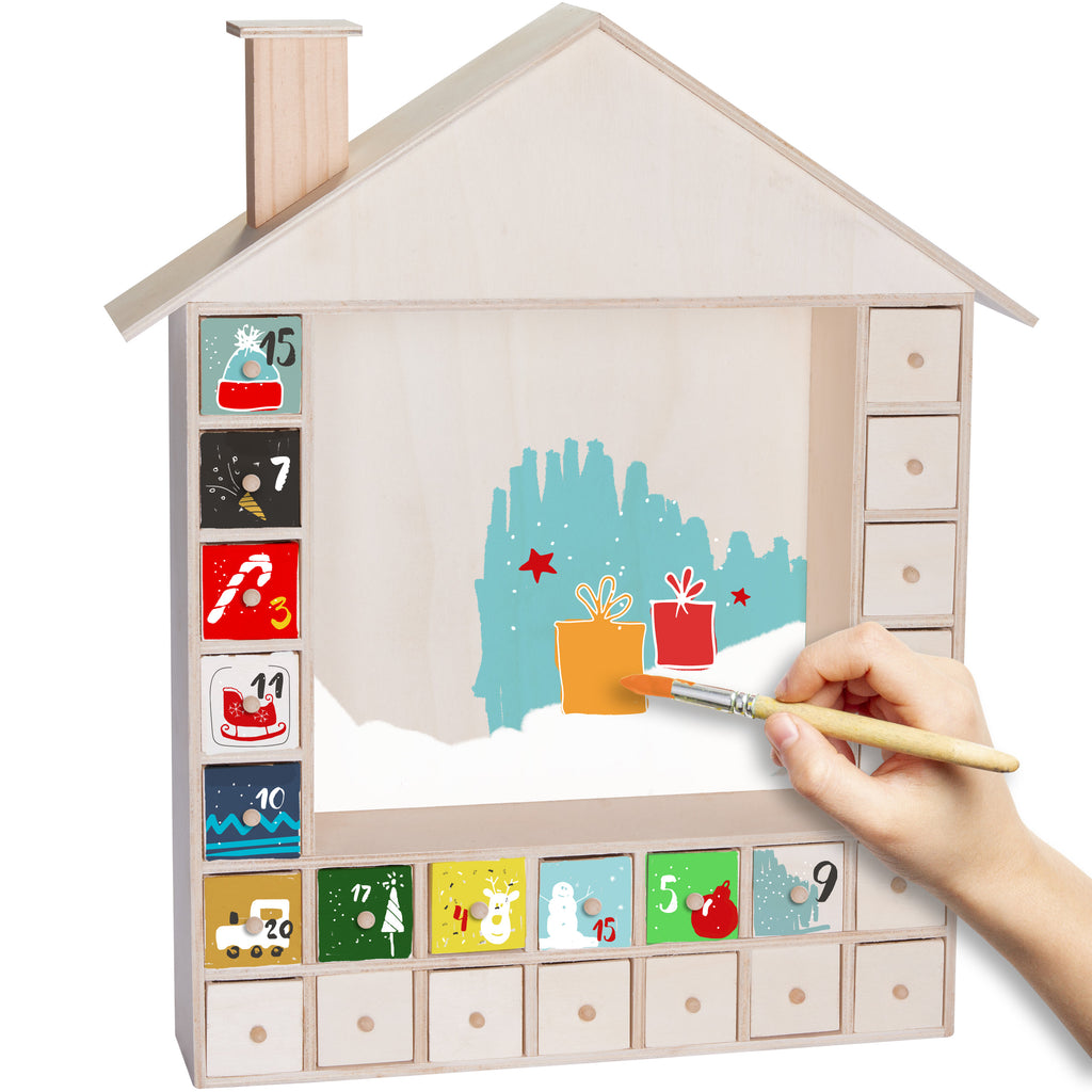 BRUBAKER Wooden Advent Calendar to Fill with 24 Drawers - DIY Unfinished Christmas Calendar for Painting, Crafting and Self-Design - Christmas House - 15.9 Inch High