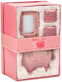 BRUBAKER My First Keepsake Gift Set for Babies (Boy/Girl)- 4 Pcs - Piggy Bank, First Curl, First Tooth and Photo Frame - English/French/Spanish