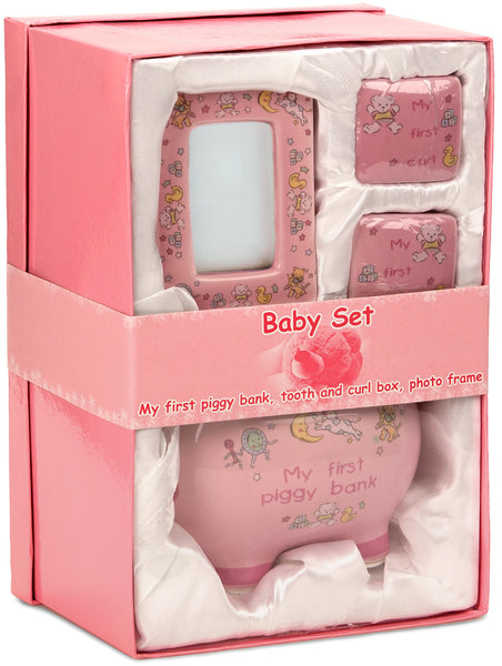 BRUBAKER My First Keepsake Gift Set for Babies (Boy/Girl)- Pcs Piggy Bank, First Curl, First Tooth and Photo Frame English/French/Spanish