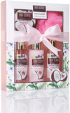 BRUBAKER Cosmetics Bath and Shower Set - Coconut and Strawberry Scent - 5 Pcs Spa Gift Set for Women - Skin Care Gift Box for Wife Girlfriend or Best Friend