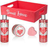 BRUBAKER Cosmetics 8-Pcs. Bath and Shower Set Strawberry Sweet Love in Deco Wooden Basket - Care Set Gift Set with Flowers Design - Pink