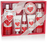 BRUBAKER Cosmetics 8-Pcs. Bath and Shower Set Strawberry Sweet Love in Deco Wooden Basket - Care Set Gift Set with Flowers Design - Pink