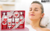 BRUBAKER Cosmetics 8-Pcs. Bath and Shower Set Strawberry Sweet Love in Deco Wooden Basket - Care Set Gift Set with Flowers Design - Pink