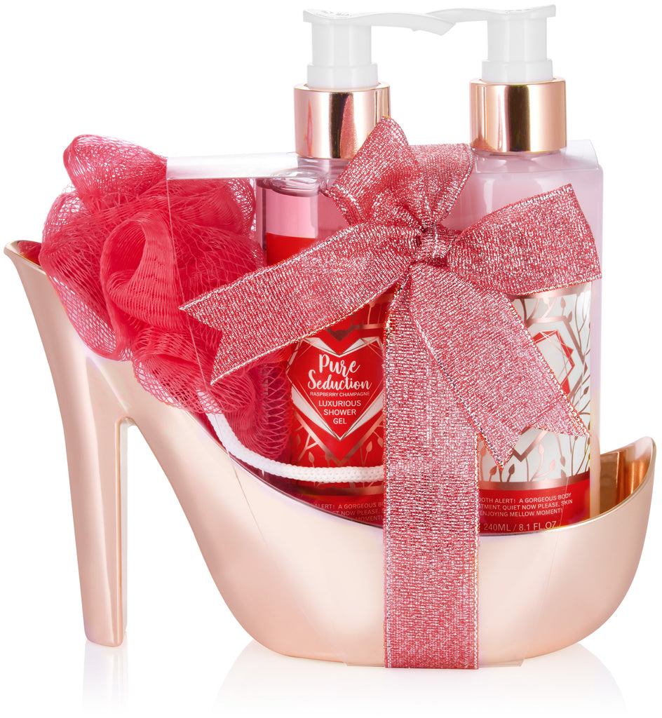 BRUBAKER Cosmetics 5-pcs Bath and Shower Set Raspberry Champagne - Care Gift Set in High Heel Rosé Gold