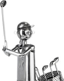 BRUBAKER Bottle Holder Female Golfer Teeing Off - Silver Metal Sculpture - Gift for Female Golf Fans - Sport Woman Bottle Stand Wine Decoration with Greeting Card