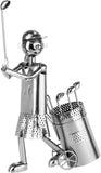 BRUBAKER Bottle Holder Female Golfer Teeing Off - Silver Metal Sculpture - Gift for Female Golf Fans - Sport Woman Bottle Stand Wine Decoration with Greeting Card