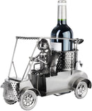 BRUBAKER Bottle Holder Female Golf Player in Golf Cart - Silver Metal Sculpture Wine Gift for Golfer and Sport Women - Wine Bottle Stand with Greeting Card