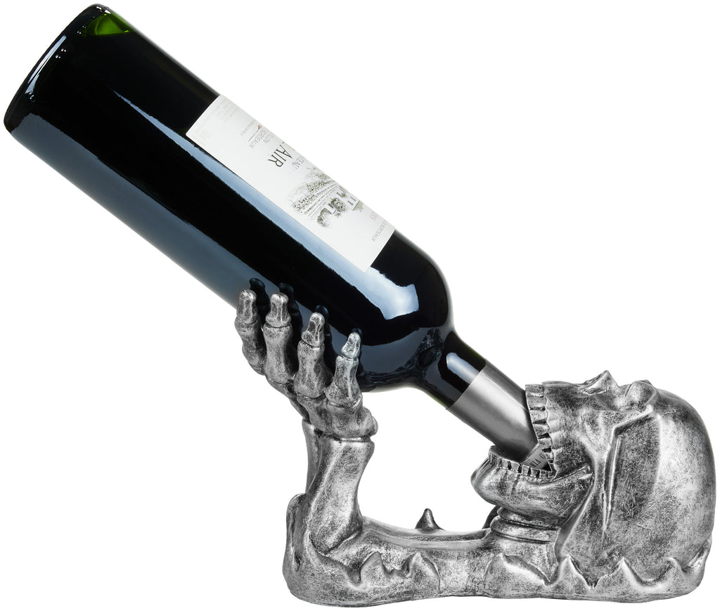 BRUBAKER Wine Bottle Holder Skull - Drinking Skull with Skeleton Hand Silver - Polyresin Bottle Decoration Figure Hand Painted Wine Accessory - Funny Wine Gift