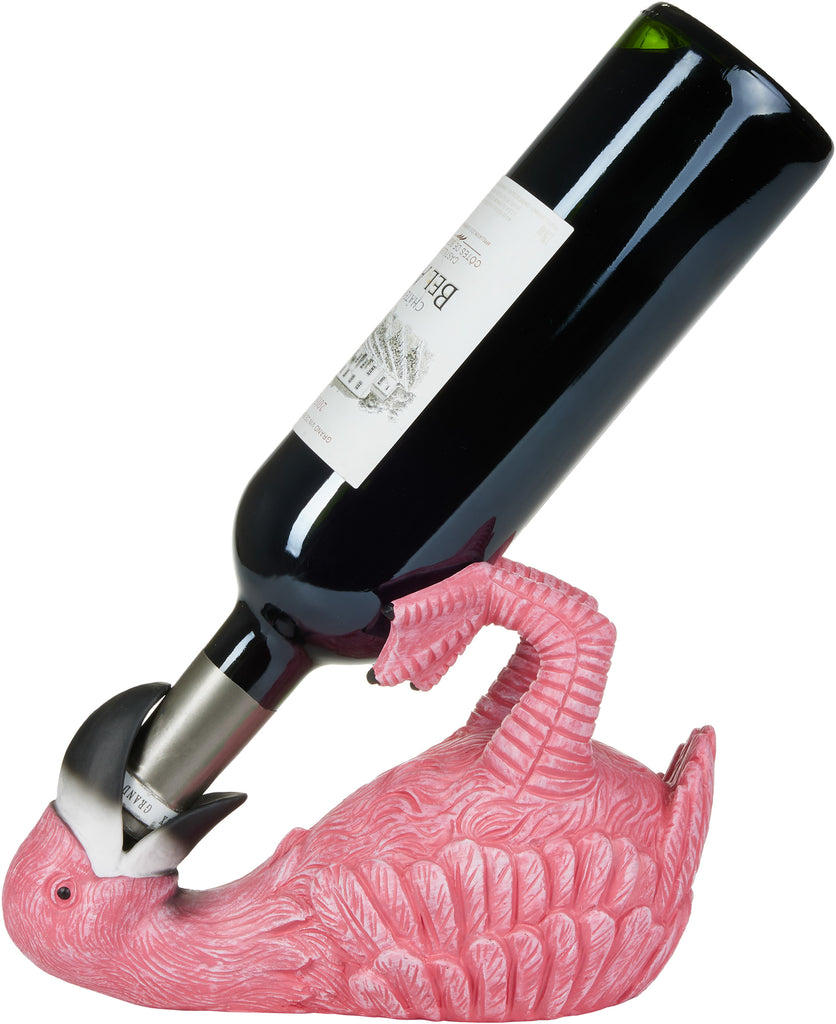 BRUBAKER Wine Bottle Holder Thirsty Flamingo - Drunk Animals - Polyresin Bottle Decoration - Pink Bird Decorative Figurine Hand Painted Bar Wine Accessory - Funny Wine Gift
