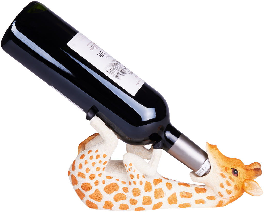 BRUBAKER Wine Bottle Holder Thirsty Giraffe - Drunk Animals - Polyresin Bottle Decoration - Table Top Safari Figurine Bar Hand Painted Wine Accessory - Funny Wine Gift