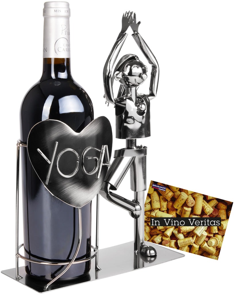 BRUBAKER Wine Bottle Holder Yoga - Metal Sculpture Bottle Stand Sports - Silver Figure Wine Gift for Yogi and Yoga Enthusiasts - with Greeting Card