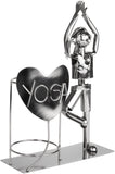 BRUBAKER Wine Bottle Holder Yoga - Metal Sculpture Bottle Stand Sports - Silver Figure Wine Gift for Yogi and Yoga Enthusiasts - with Greeting Card
