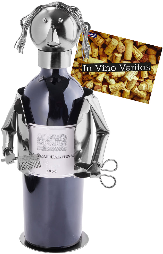 BRUBAKER Wine Bottle Holder Hair Stylist - Metal Sculpture Bottle Stand - 7.9 inches - Wine Gift for Hairdressers and Barbers - with Greeting Card