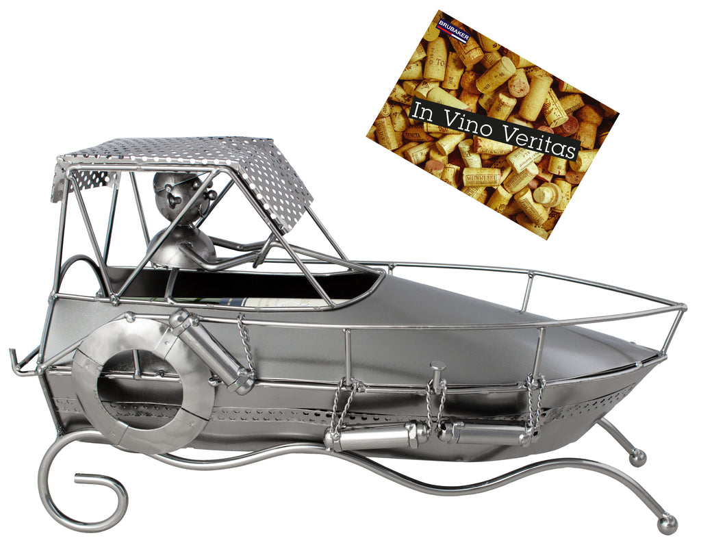 BRUBAKER Wine Bottle Holder 'Motor Boat' - Table Top Metal Sculpture - with Greeting Card