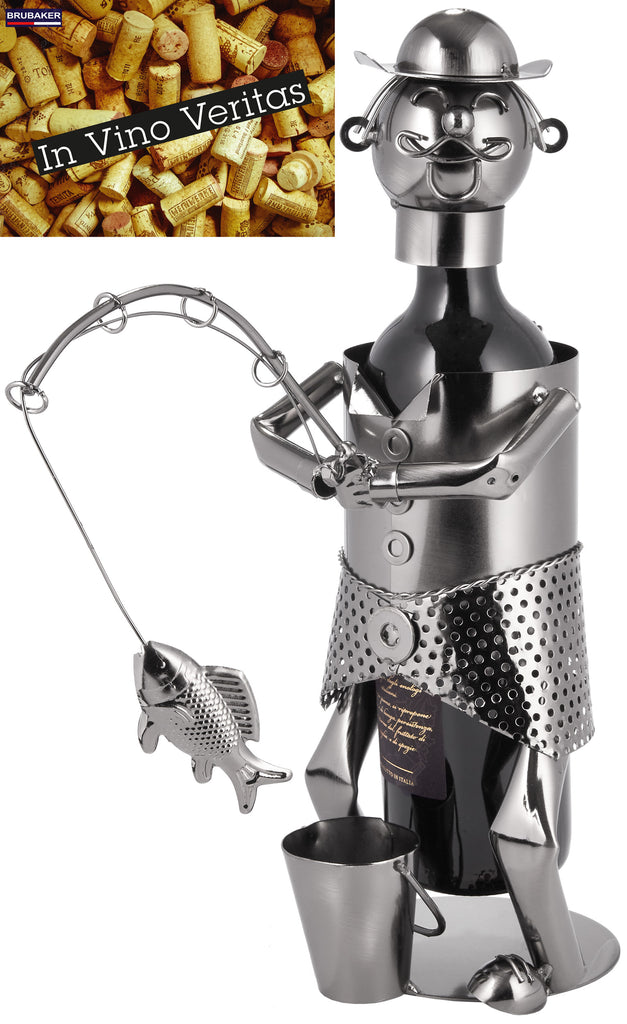 BRUBAKER Wine Bottle Holder 'Smiling Fisherman' - Table Top Metal Sculpture - with Greeting Card