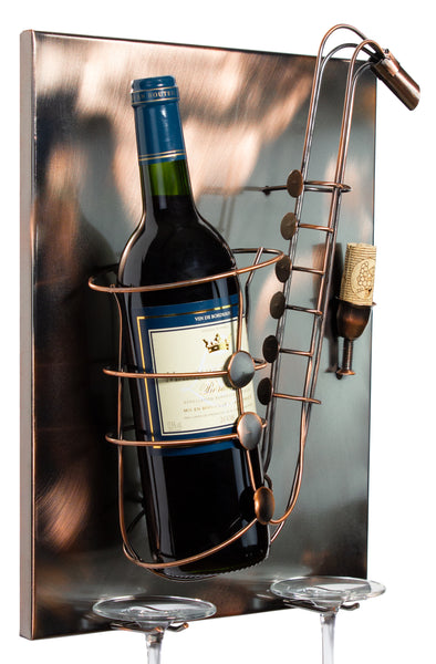 BRUBAKER Wine Bottle Holder Saxophone Wall Mountable with 2 Glass Holders
