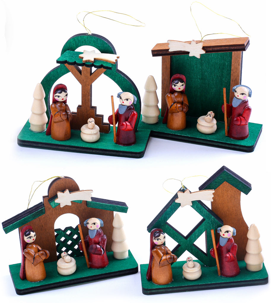 BRUBAKER 4-Pcs Cribs Pendant - Christmas Tree Hanging Ornaments Set - Mary and Joseph with Jesus - Wooden Tree Decoration - Hand Painted